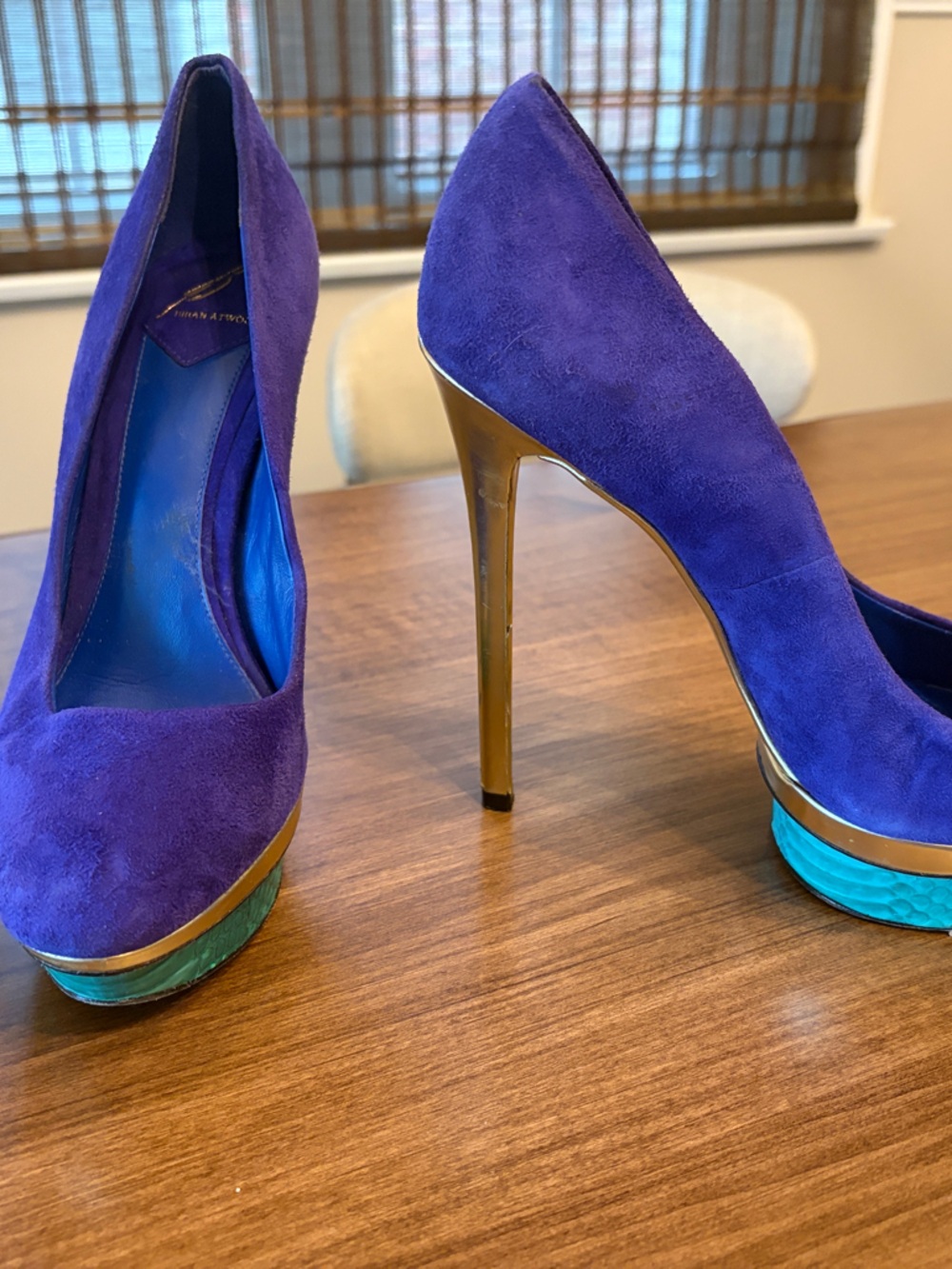 Women's Purple Suede Platform Stiletto Pump with Gold Heel